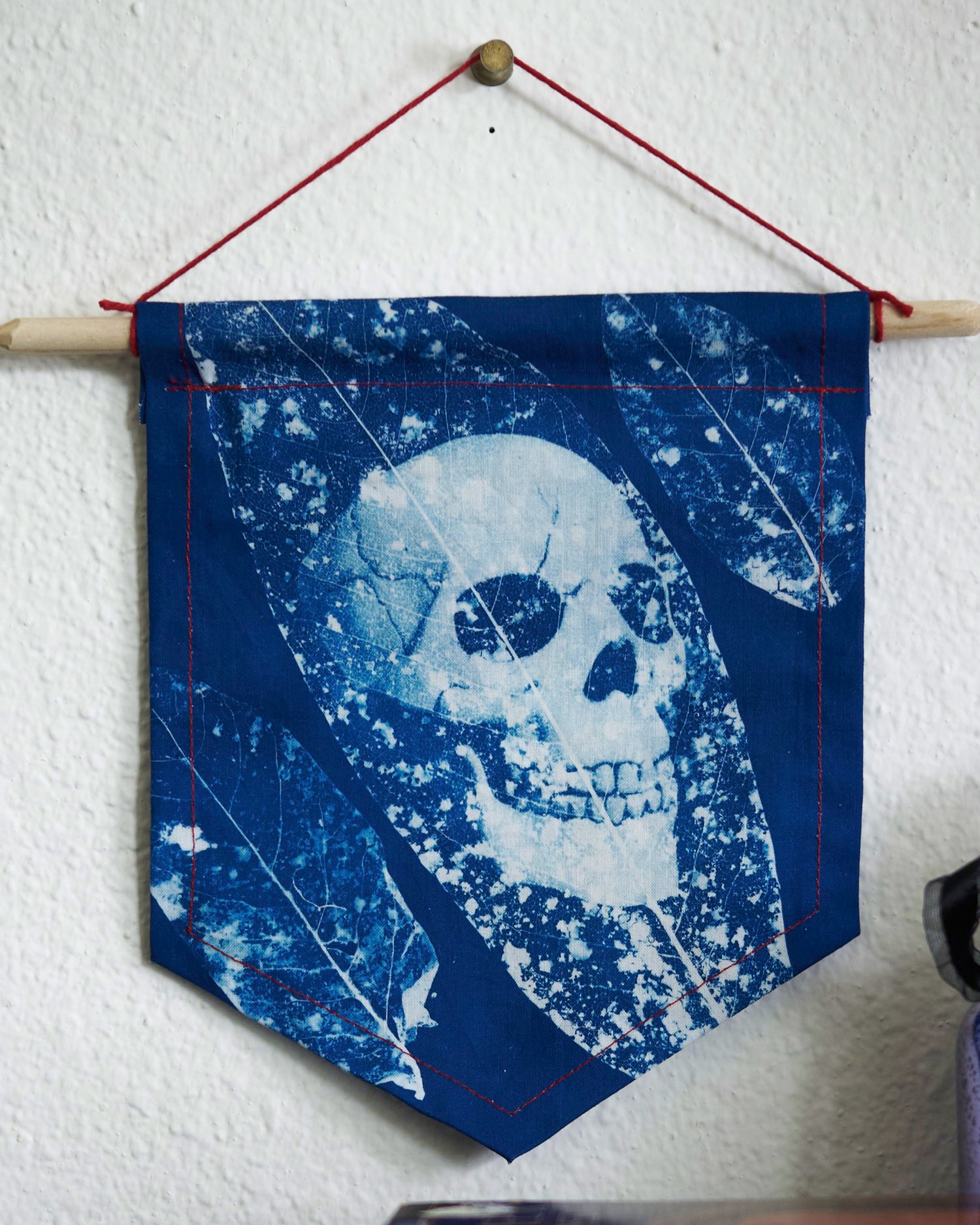 Image of Skull and Leaves Cyanotype Hanging Wall Banner