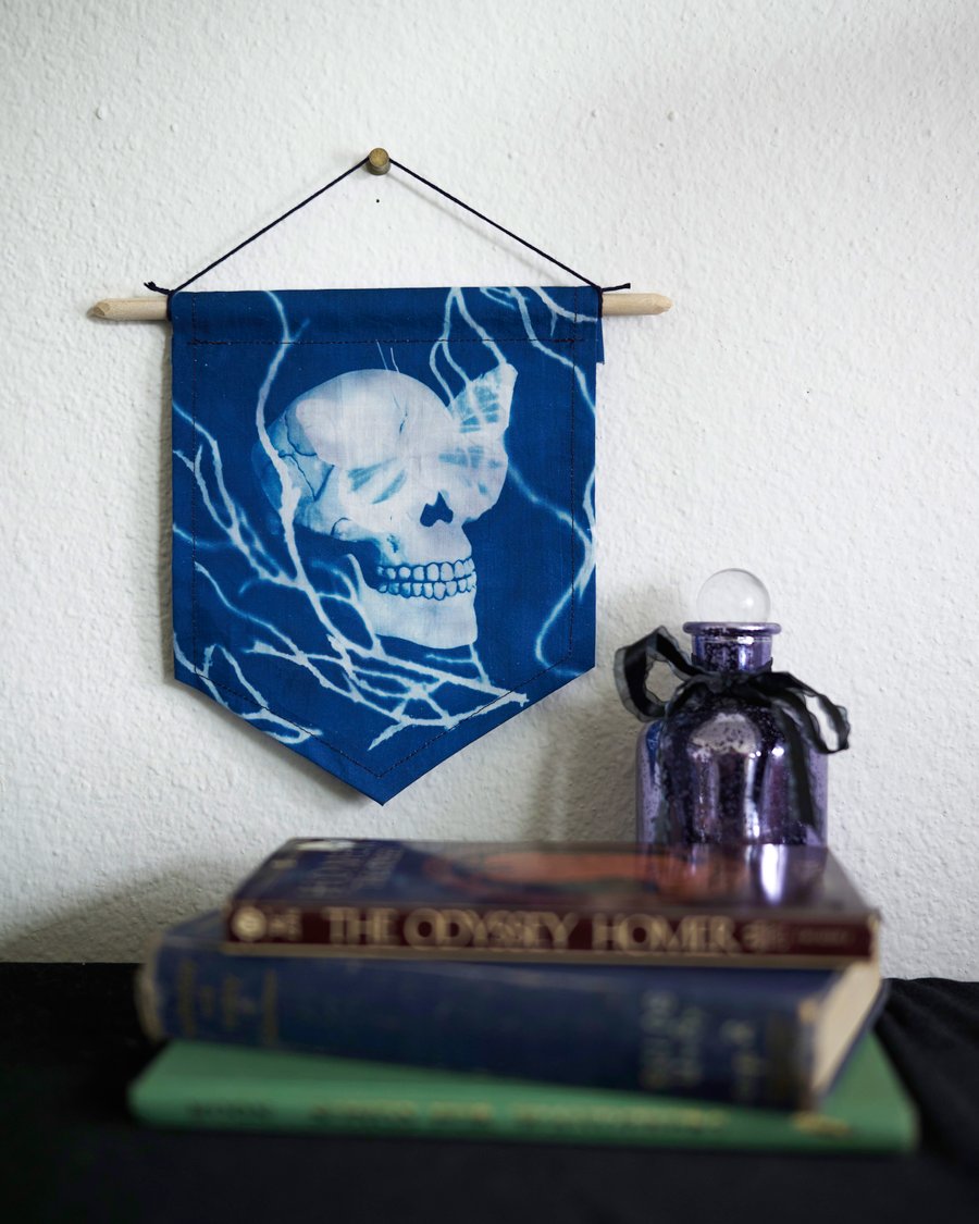 Image of Skull and Butterfly Cyanotype Hanging Wall Banner