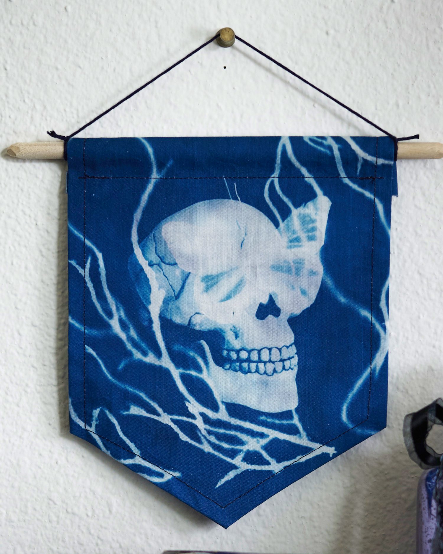 Image of Skull and Butterfly Cyanotype Hanging Wall Banner