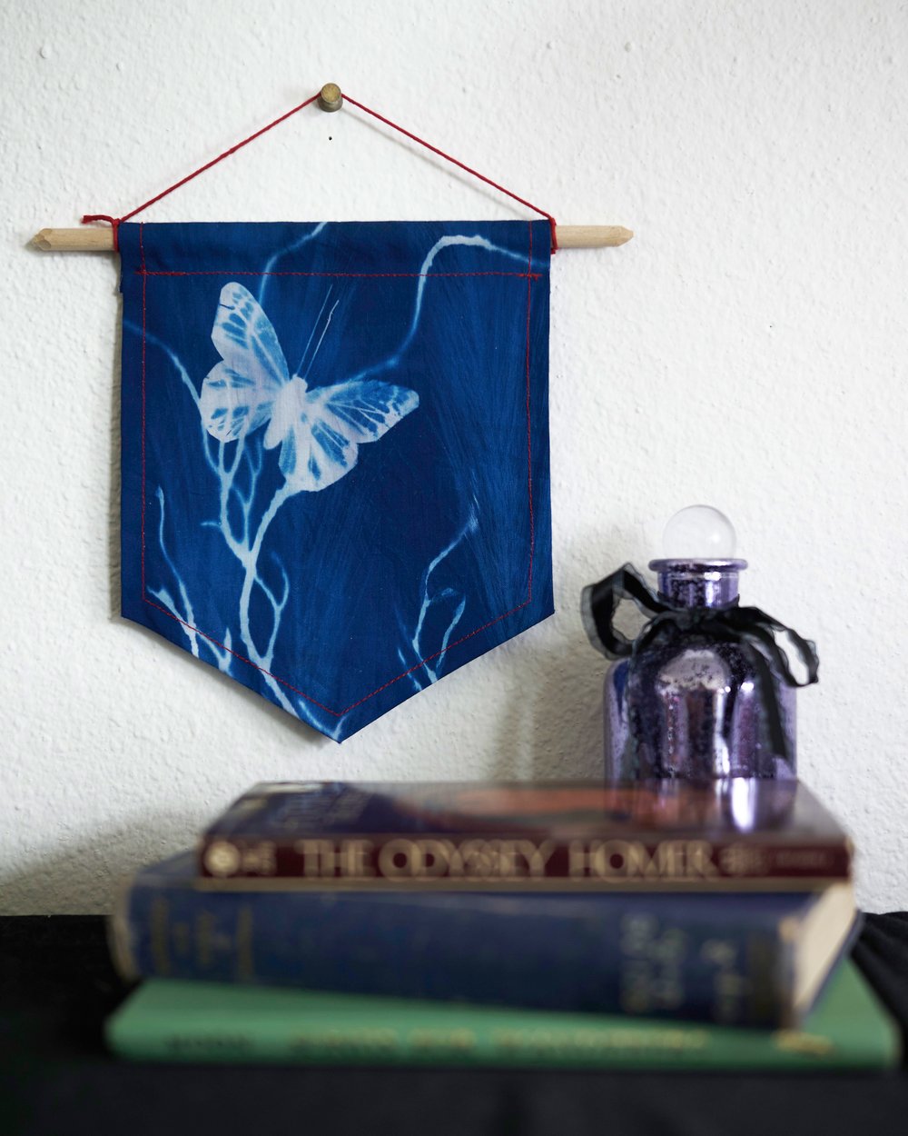 Image of Butterfly and Foliage Cyanotype Hanging Wall Banner