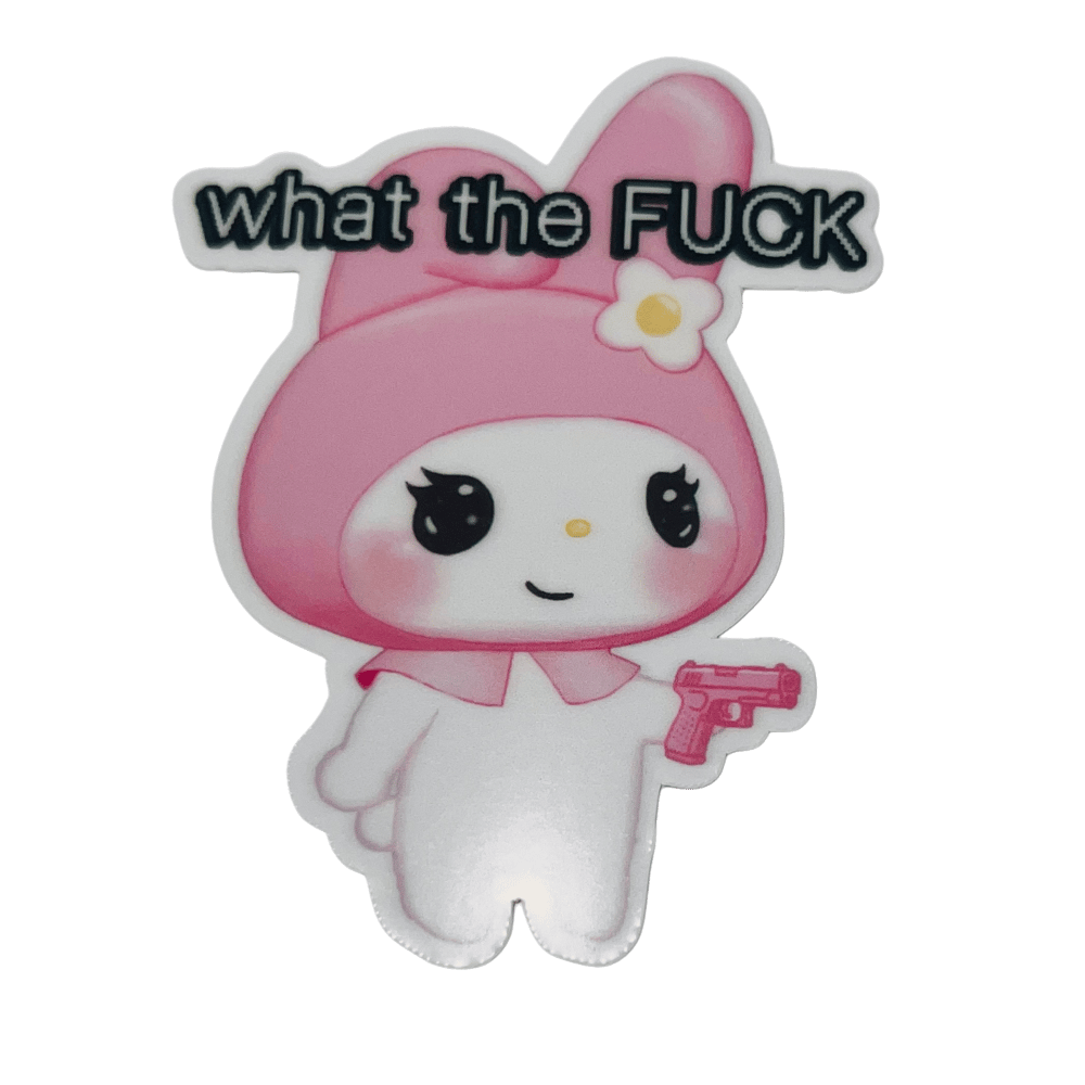 Image of "wtf" my melody holding a gun sticker