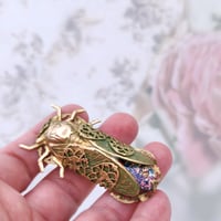 Image 1 of Fae Cicada Brooch Pin, Ruby fire opal Cicada jewelry, Handcrafted Art Deco insect jewelry