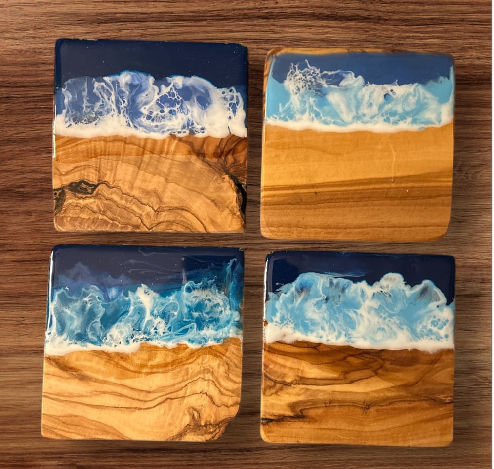Image of Resin Ocean Themed Olive Wood Square Coasters - Set of 4