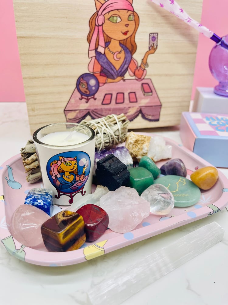 Image of Soothing Crystal Box Set - Customizable Wooden Box with Healing Crystals, Sage, Meditation Candle...