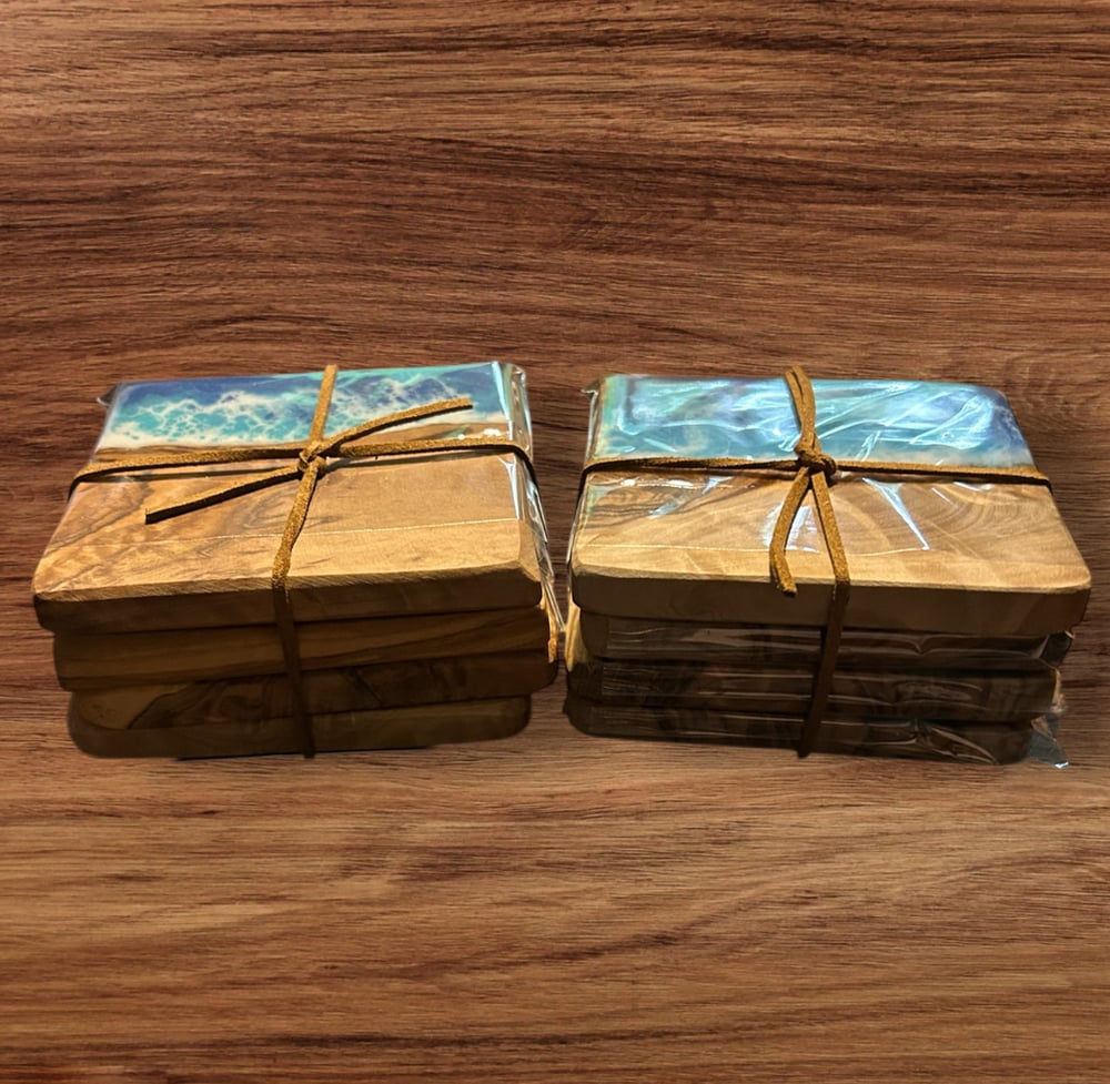 Image of Resin Ocean Themed Olive Wood Square Coasters - Set of 4