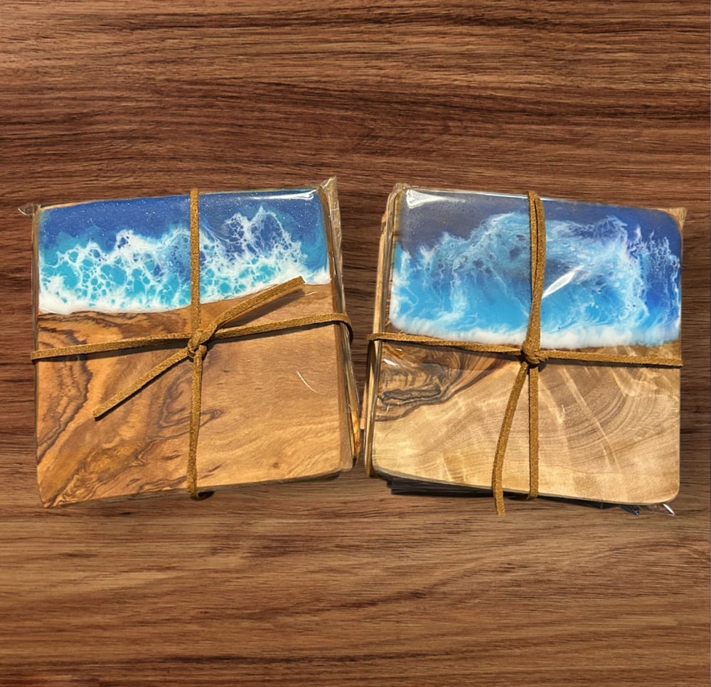 Image of Resin Ocean Themed Olive Wood Square Coasters - Set of 4