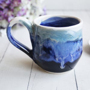Image of Shades of Blue Pottery Mug with Dripping Glazes, 12 Ounce Handcrafted Pottery Mug, Made in USA
