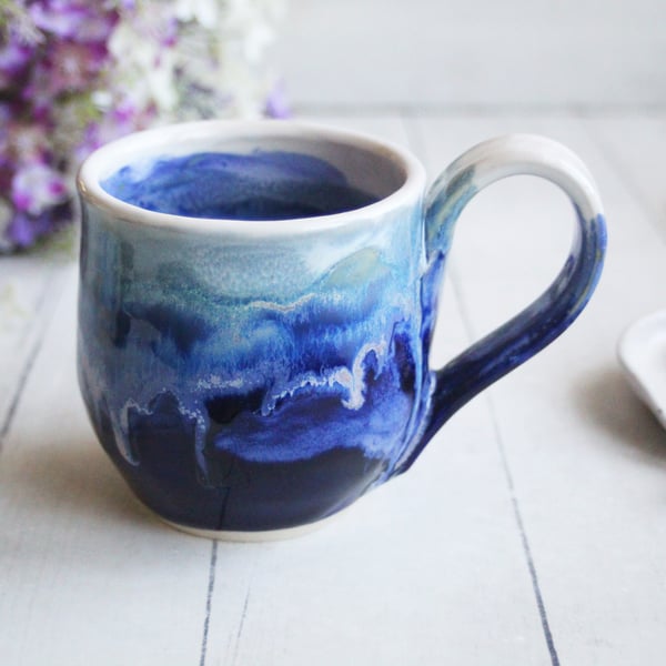 Image of Shades of Blue Pottery Mug with Dripping Glazes, 12 Ounce Handcrafted Pottery Mug, Made in USA