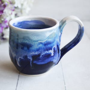 Image of Shades of Blue Pottery Mug with Dripping Glazes, 12 Ounce Handcrafted Pottery Mug, Made in USA