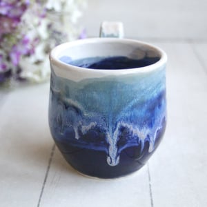 Image of Shades of Blue Pottery Mug with Dripping Glazes, 12 Ounce Handcrafted Pottery Mug, Made in USA