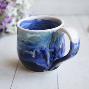 Image of Shades of Blue Pottery Mug with Dripping Glazes, 12 Ounce Handcrafted Pottery Mug, Made in USA