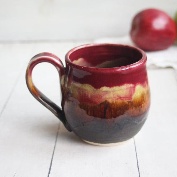 Image of Deep Red and Brown Pottery Mug, 14 Ounce Handcrafted Coffee Cup, Made in USA