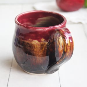 Image of Deep Red and Brown Pottery Mug, 14 Ounce Handcrafted Coffee Cup, Made in USA