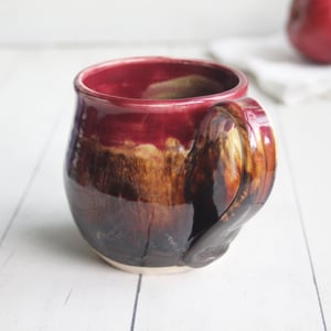 Image of Deep Red and Brown Pottery Mug, 14 Ounce Handcrafted Coffee Cup, Made in USA