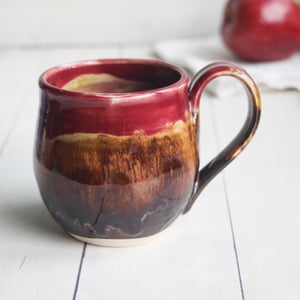 Image of Deep Red and Brown Pottery Mug, 14 Ounce Handcrafted Coffee Cup, Made in USA