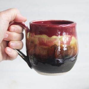 Image of Deep Red and Brown Pottery Mug, 14 Ounce Handcrafted Coffee Cup, Made in USA