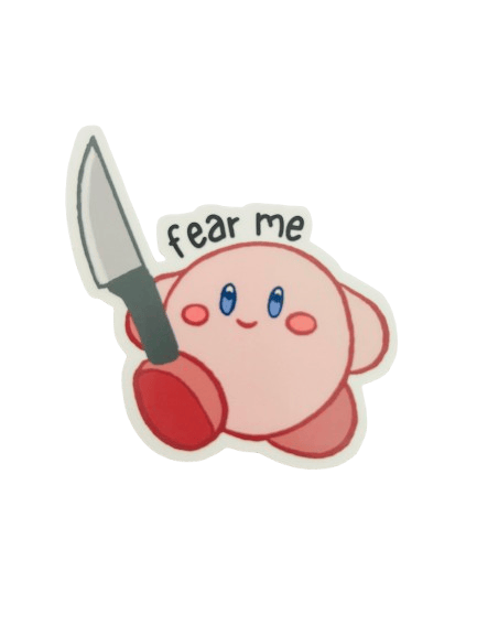 Image of "fear me" kirby wielding a knife sticker