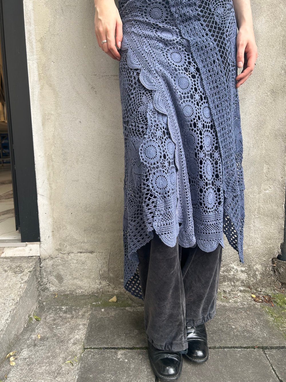Vintage crochet lace wrap skirt blue apron skirt