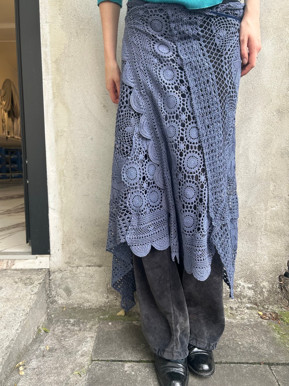 Vintage crochet lace wrap skirt blue apron skirt