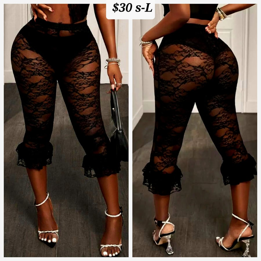 Image of Black lace short pant with ruffled ends