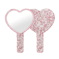 Miroir à Main Portable en Cristal et Strass Cœur Rose 