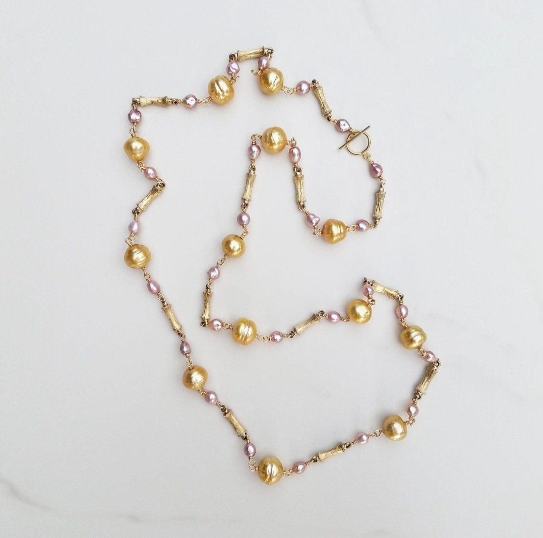 Gold Pearl Bamboo Necklace 
