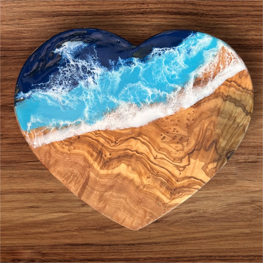 Image of Resin Ocean Themed Olive Wood Heart Board