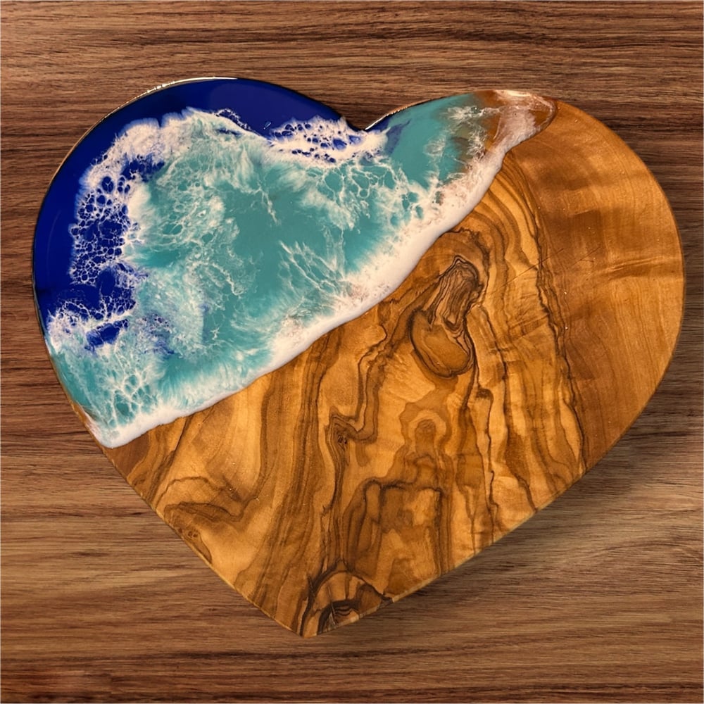 Image of Resin Ocean Themed Olive Wood Heart Board