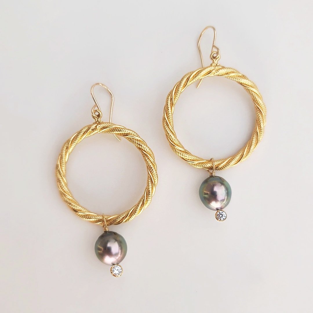 Vintage Hoops & Tahitian Pearl Earrings