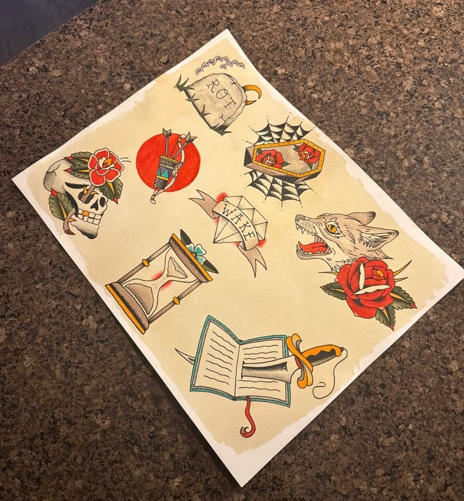 Image of Hand Numbered Tattoo Flash Sheet