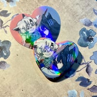 Image 1 of Texas/Lappland, Fiametta/Mostima Holographic Heart-Shaped Button & Sticker