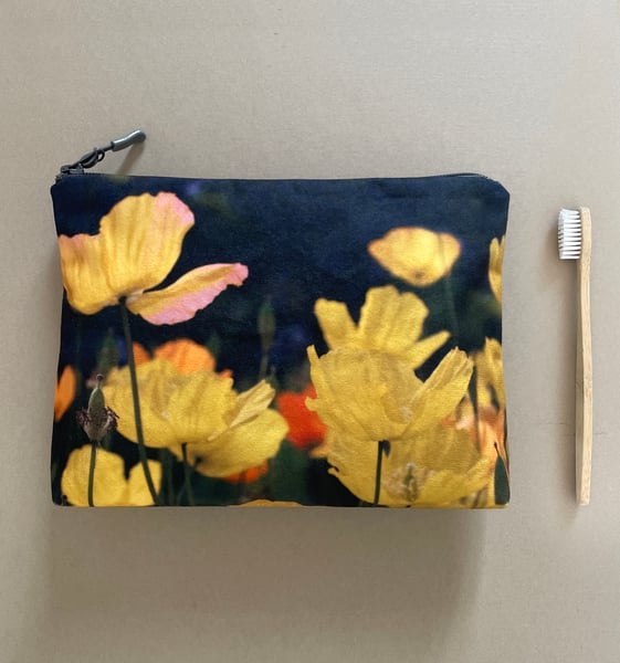 Image of Yellow poppies, LARGE travel bag, make-up, toiletries zipper pouch