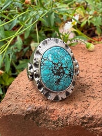 Image 2 of WL&A Handmade No 8 Webbed Turquoise Thunderbird Signet Ring - Size 9 