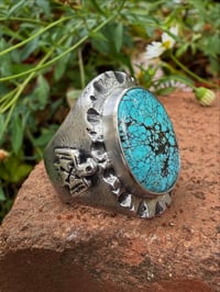 Image 1 of WL&A Handmade No 8 Webbed Turquoise Thunderbird Signet Ring - Size 9 