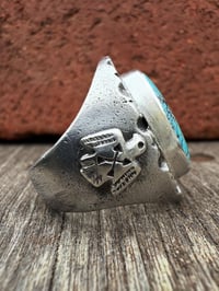 Image 3 of WL&A Handmade No 8 Webbed Turquoise Thunderbird Signet Ring - Size 9 