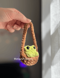 Image 1 of Frog In A Basket Crochet Amigurumi - Handmade Frog Plushie - Car Mirror Hanger - Cute Gift Frog