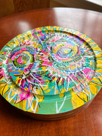 Image 1 of Sunflowers & Cheese Please (Green/Pink),  abstract painted sunflower circular cheeseboard