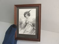 Image 7 of Framed Antique Engraving Print, Young Victorian Lady Wearing Tartan Hat by a Loch, Small 