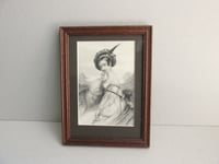 Image 1 of Framed Antique Engraving Print, Young Victorian Lady Wearing Tartan Hat by a Loch, Small 