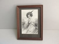 Image 6 of Framed Antique Engraving Print, Young Victorian Lady Wearing Tartan Hat by a Loch, Small 