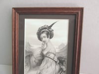 Image 2 of Framed Antique Engraving Print, Young Victorian Lady Wearing Tartan Hat by a Loch, Small 