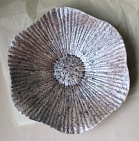 Image 1 of Wavy paper mache bowl in a greenish pearl shade. Decorative recycled papier plate.