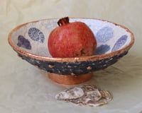 Image 1 of Paper mache bowl with shells and bronze rim and dots. Sustainable recycled paper home decor. 