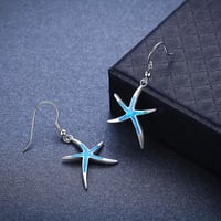 Blue inlaid in silver colored case StarFish Earrings
