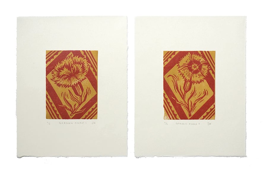 Image of Garden Pinks I + II - Linocut - Berry + Ginger