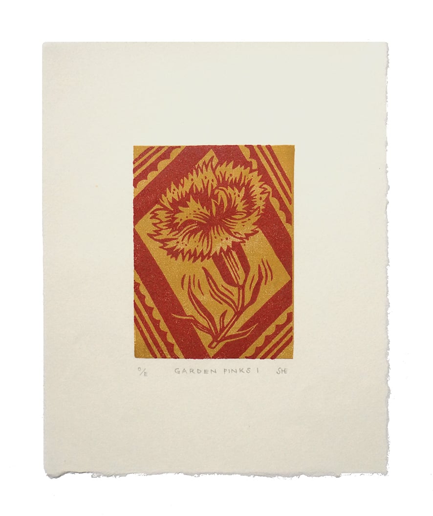 Image of Garden Pinks I + II - Linocut - Berry + Ginger