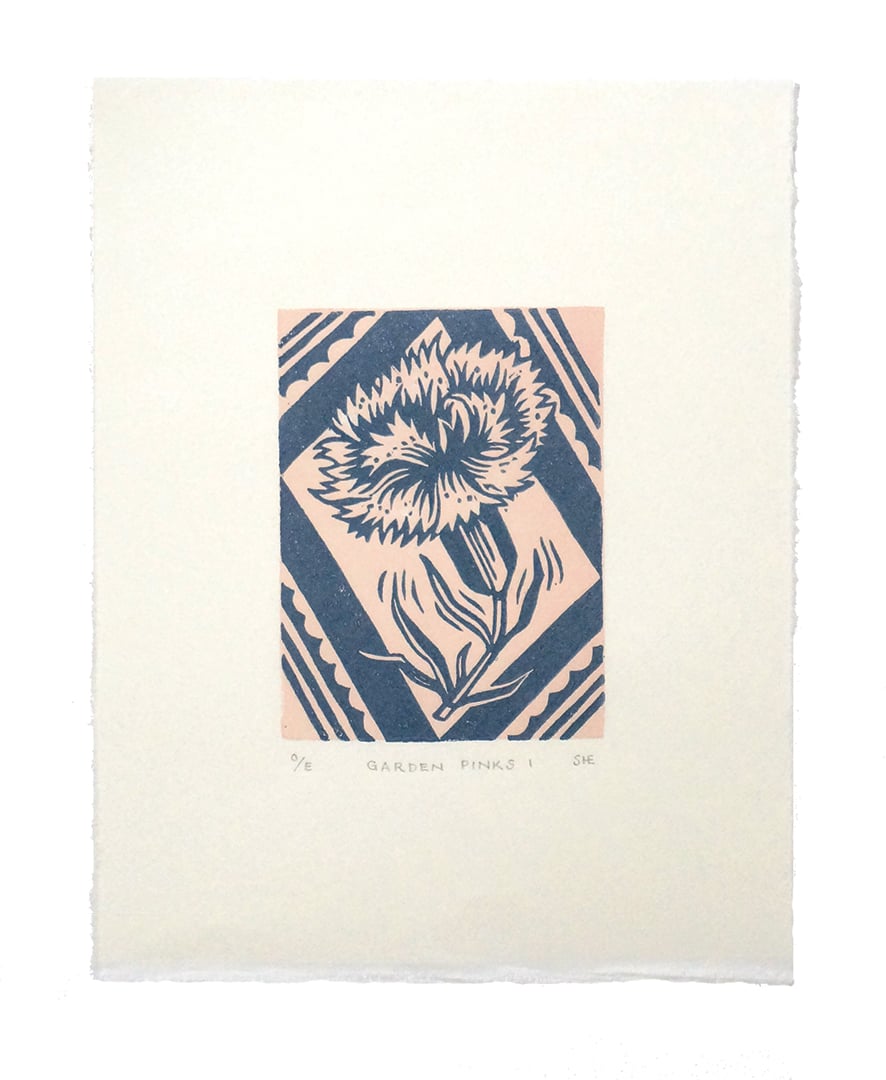 Image of Garden Pinks I + II - Linocut - Slate Blue + Plaster