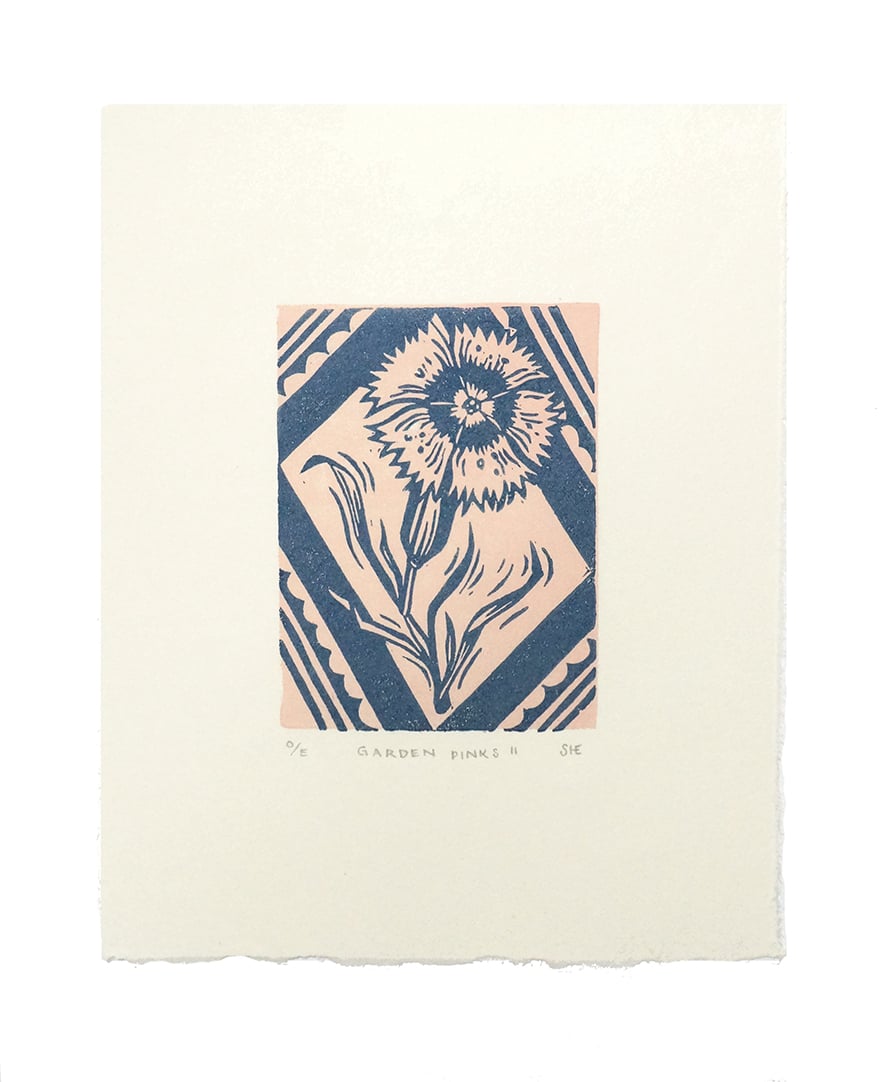 Image of Garden Pinks I + II - Linocut - Slate Blue + Plaster