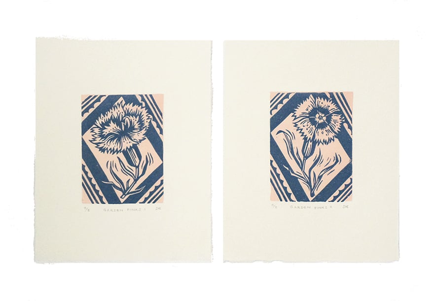 Image of Garden Pinks I + II - Linocut - Slate Blue + Plaster