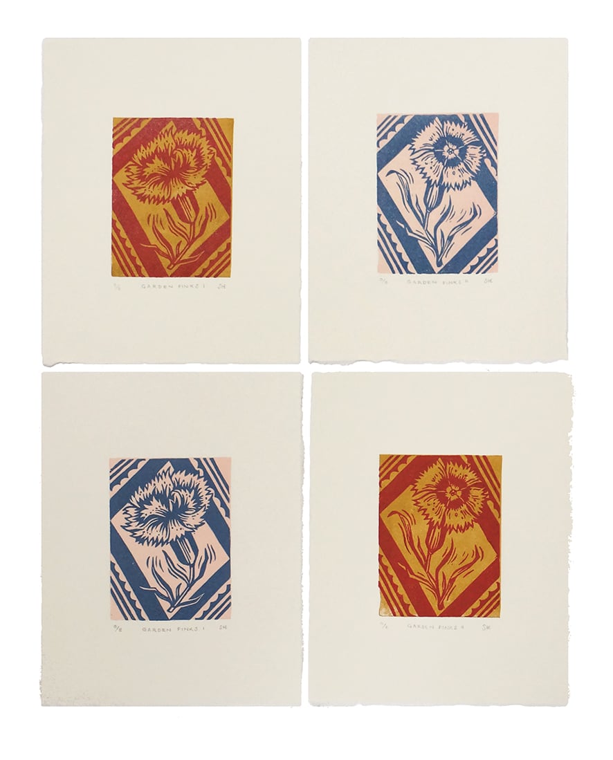 Image of Garden Pinks I + II - Linocut - Slate Blue + Plaster